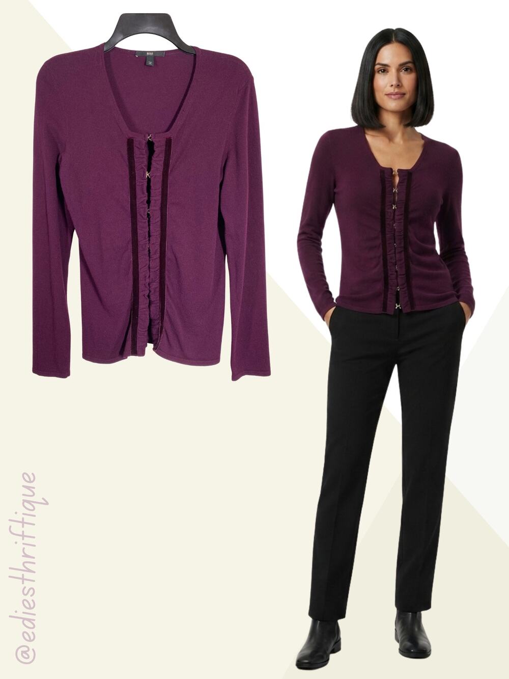 Hugo Boss Cardigan Long Sleeve Fitted Ruffle Detail Angora Blend Purple M / L